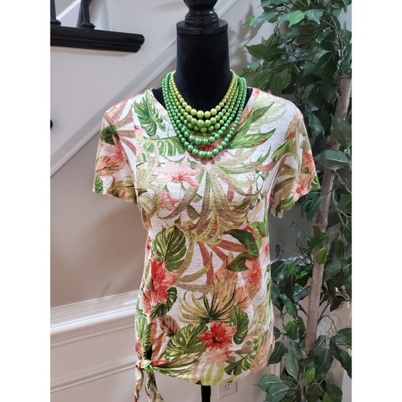 J. Jill Womens Multicolor Floral 100% Linen Round Neck Short Sleeve Top Blouse M - Picture 1 of 13